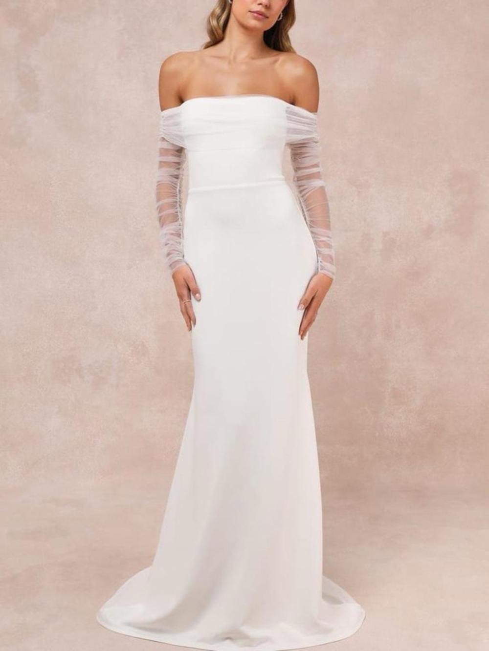 Lulu's White Off-Shoulder Bridal Gown with Sheer Ruched Sleeves